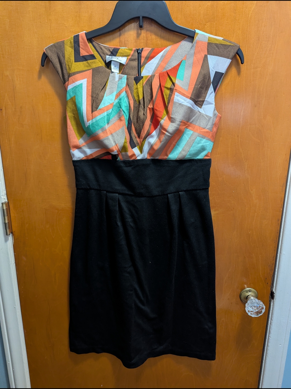 Alyx Geometric Multicolor Bodice Midi Dress with Black Skirt